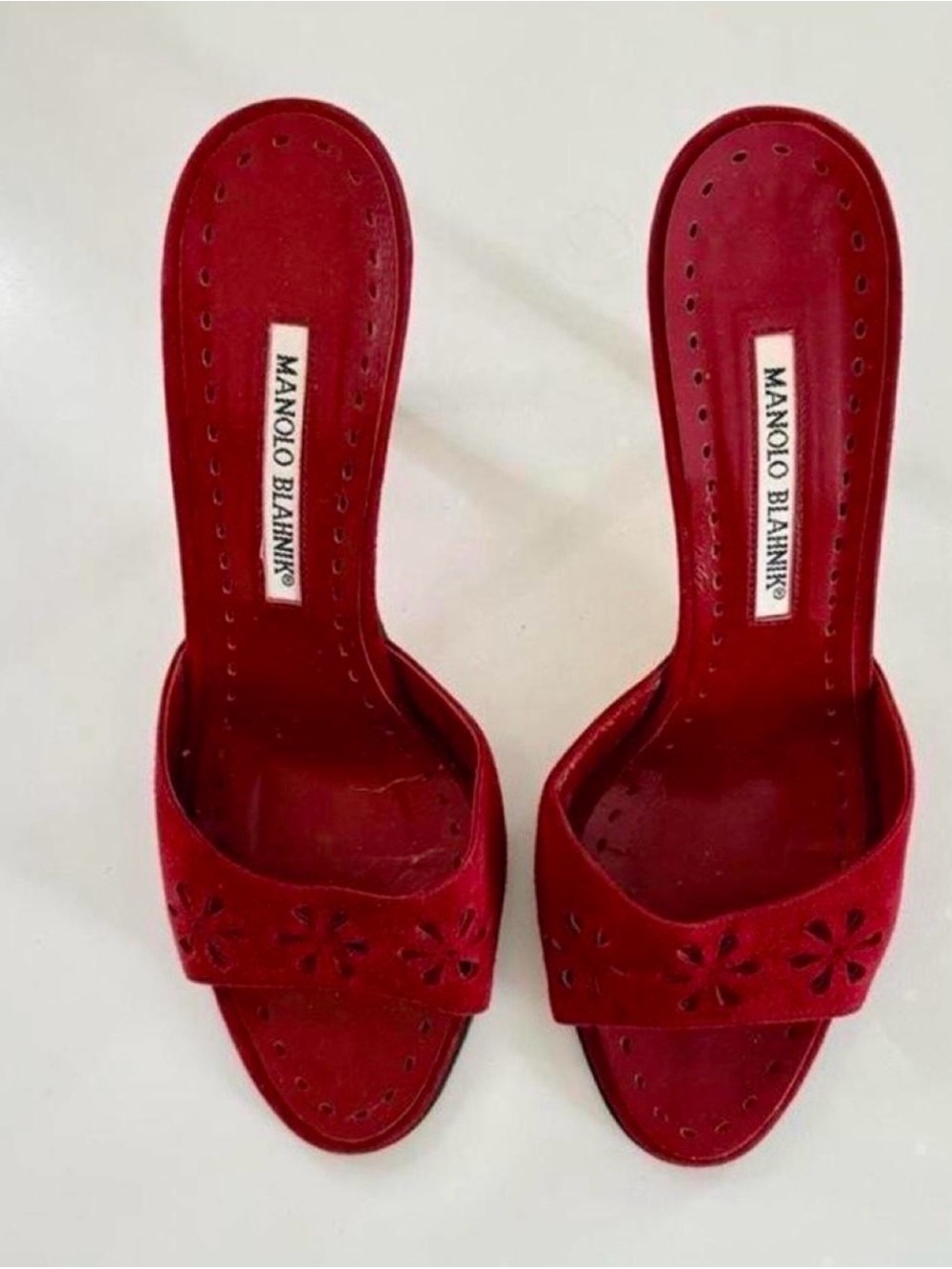 Manolo Blahnik Red Suede Floral Cutout Slide Mules